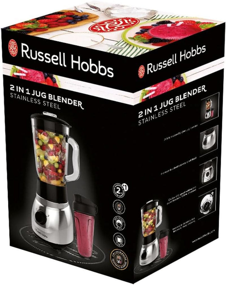 Russell Hobbs Standmixer 2-In-1 [1,5L Glasbehälter Mixer & 0,6L Mini Smoothie Maker -To-Go-Trinkflasche Inkl. Deckel] Spülmaschinenfest, Impuls-/Ice-Crush Funktion, Becher BPA Frei, Edelstahl 23821-56