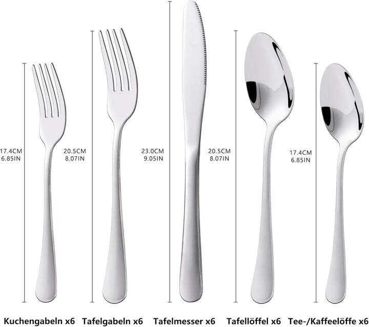 Kitchenboss Besteck Set 6 Personen: Besteckset 30 Teilig, Cutlery Set, Edelstahl Besteck, Essbesteck, Spülmaschinenfest Silber