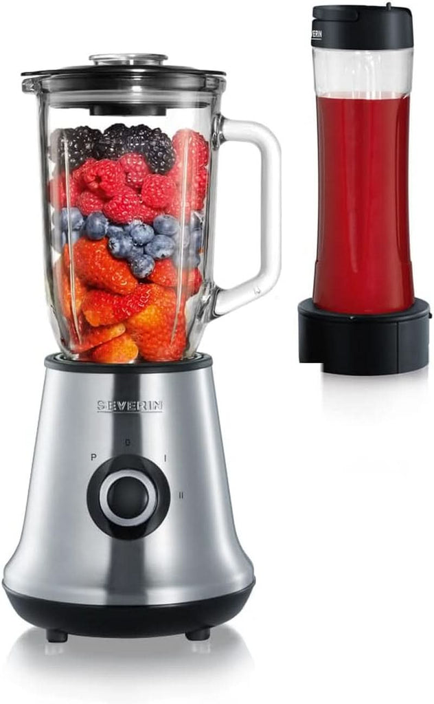 SEVERIN Multimixer, 2-In-1 Stand Mixer Und Smoothie Maker Mit 1 L Glas-Mixbehälter Und Trinkbecher, Küchenmixer Mit 2 Stufen Und Pulse-Funktion, 500 W, Edelstahl/Schwarz, SM 3737