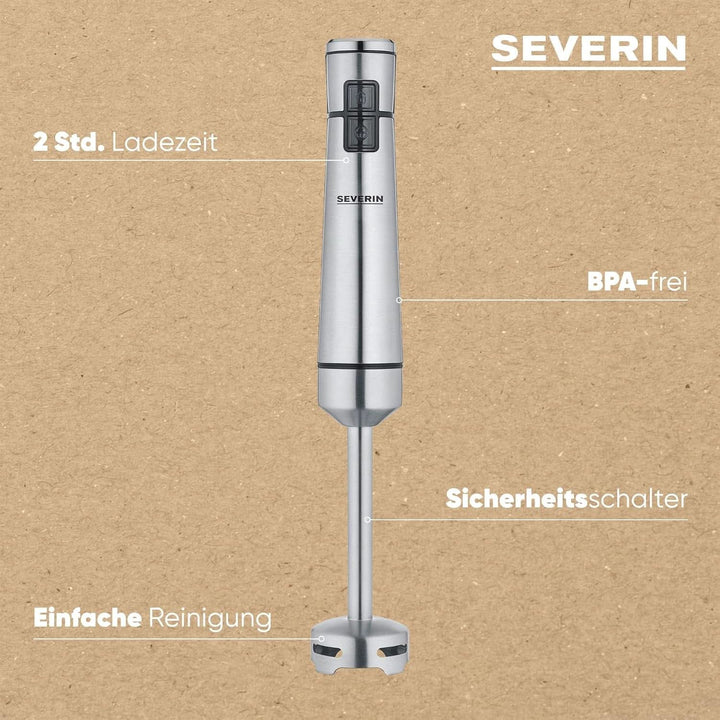 SEVERIN Kabelloser Stabmixer Mit Premium-Set, Abnehmbarer Mixstab, Mit Pürierstab, Multizerkleinerer, Mixbehälter, Kartoffelstampfer & Schneebesen, Schwarz/Edelstahl-Gebürstet, SM 3775