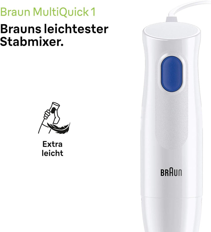 Braun Stabmixer MQ10.001M Multiquick 1 - Extra Leichter Pürierstab Mit Edelstahl-Mixfuß Und Easytwist System, Inkl. 600 Ml Mix- & Messbecher, 450 Watt, Weiß