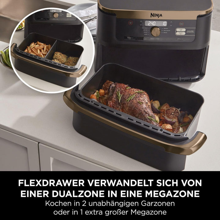 Ninja Foodi Flexdrawer Dual Zone Heißluftfritteuse, Airfryer Mit 10,4-Fach Und Herausnehmbarem Trenner, Antihaftbeschichtung, Spülmaschinenfester Korb, 7-In-1, Schwarz & Kupfer, AF500EUCP