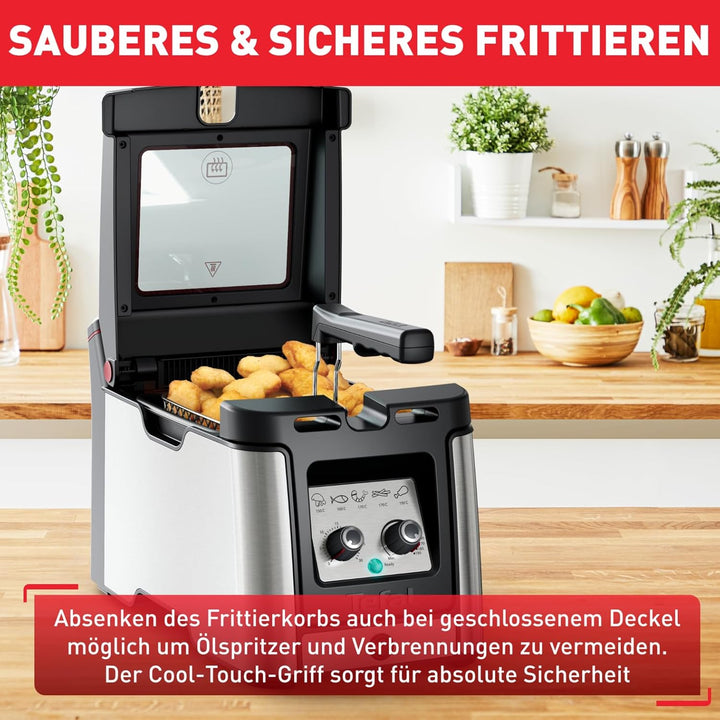 Tefal FR600D Clear Duo Fritteuse, Frittieren Mit Weniger Rauch Und Gerüchen, Kapazität 1,2 Kg, Thermostat, Timer, Großes Sichtfenster Ohne Zu Beschlagen, Spülmaschinenfest, Edelstahl/Schwarz