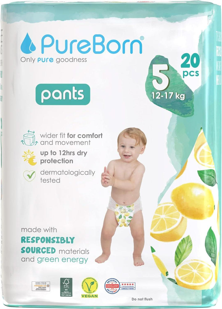 Pureborn Baby Premium Windeln Pants, Höschenwindeln, Größe 7 (17+ Kg), 16 Stück, Optimaler Schutz Für Tag Und Nacht, Dermatologisch Getestet, Ultraweich, Hautfreundlich