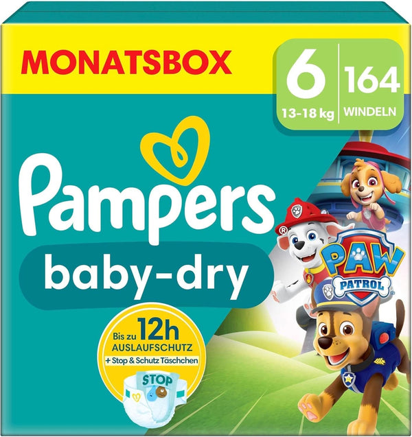 Pampers Paw Patrol (Baby-Dry), scutece mărimea 6 (13Kg-18Kg), ediție limitată, 164 de scutece, protecție completă împotriva scurgerilor până la 12H