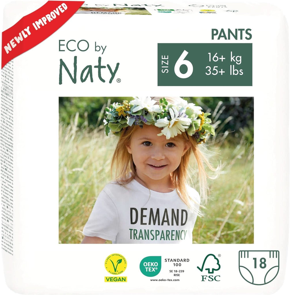 Eco by Naty Baby Windeln Pants - Umweltfreundliche Premium-Bio Höschenwindeln Aus Pflanzenbasierten Materialien, Sehr Saugfähig Und Frei Von Gefährlichen Chemikalien (Größe 6 ) | 18 Stück (1Er Pack)