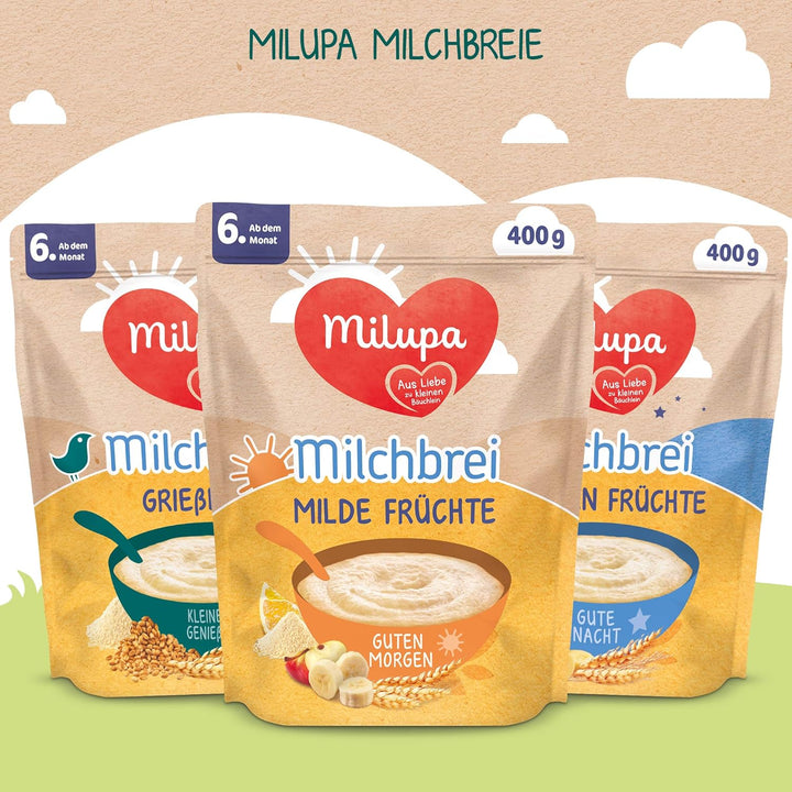 Milupa Milchbrei Vollkorn Früchte – Babybrei Ohne Palmöl – Frei Von Konservierungs- Und Farbstoffen – Ab Dem 6. Monat – 4 X 400 G (Packung Mit 2)