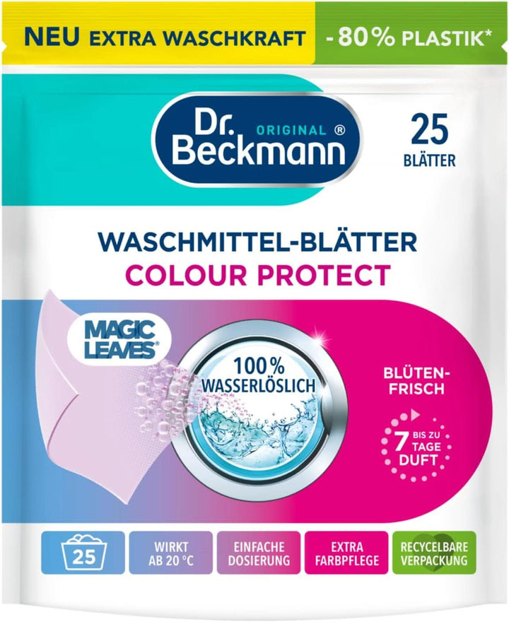 Foi de detergent Dr Beckmann MAGIC LEAVES COLOR | Foi de spălat predozate și solubile în apă | Economisitoare de spațiu și ușor de utilizat | 25 de foi