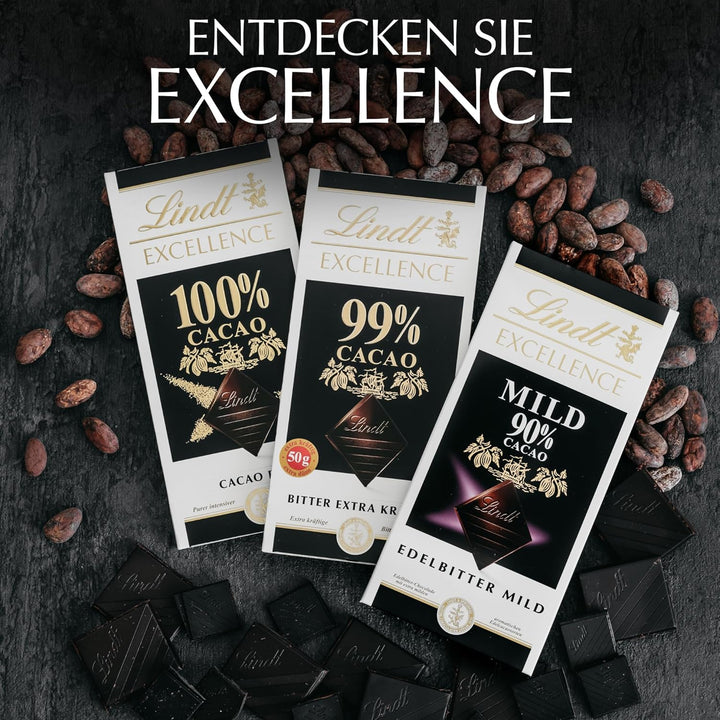 Lindt EXCELLENCE 100 % Kakao - Edelbitter-Schokolade | 50 G Tafel | Extra Kräftige Bitter-Schokolade | Intensiver Kakao-Geschmack | Dunkle Schokolade | Vegane Schokolade | Schokoladengeschenk