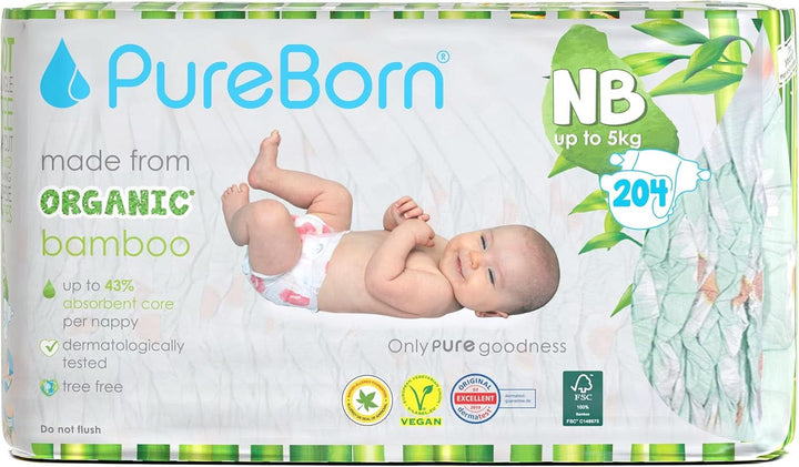 Pureborn Eco Bio-Bambus Windeln, Größe Für Neugeborene Bis 5 Kg, 34 Stück, Umweltfreundlich, Ultraweich, Hypoallergen, Mit Nässeindikator, Diverser Aufdruck