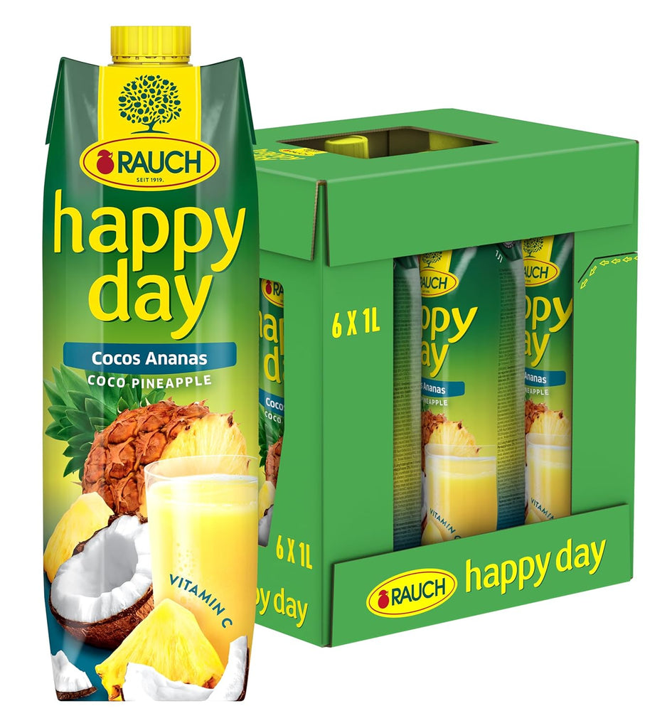 Rauch Happy Day Coconut-Pineapple | O călătorie în Caraibe | Suc de fructe din ananas și apă de nucă de cocos | 6 x 1 litru, Tetra Prisma