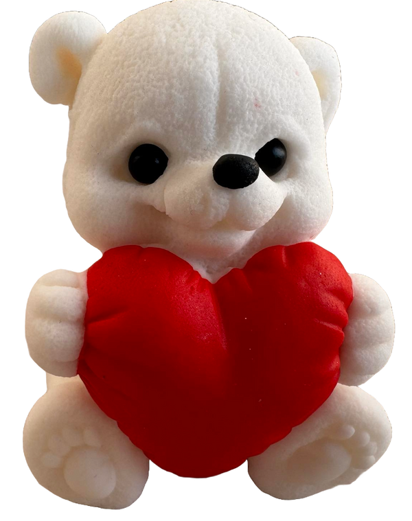 Decoración comestible de pasta de azúcar, oso de peluche blanco con corazón rojo