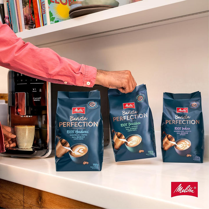 Melitta Barista Perfection 100% Brasilien, Ganze Kaffee-Bohnen 750G, Ungemahlen, Single-Origin-Kaffee, 100% Arabica-Bohnen, Langsame Trommelröstung, Crema Forte, Stärke 4