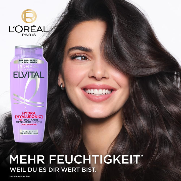 L'Oréal Paris Elvital Hydra Hyaluronic Feuchtigkeitsspendendes XXL Shampoo Für Glänzendes Haar, Hyaluron Shampoo Für Einen Feuchtigkeitsboost & Schutz, Langanhaltende Feuchtigkeit Und Pflege, 1000Ml