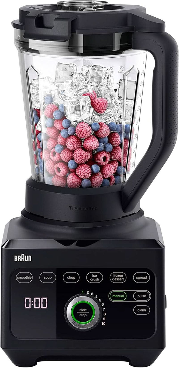 Braun Hochleistungsmixer Powerblend 9 JB9040 – Standmixer Mit Glas-Mixkrug, 18 Mixprogramme, 10 Geschwindigkeiten + Pulsfunktion, Heiße Suppen Funktion, Reinigungsprogramm, Stampfer, 1600 W, Schwarz