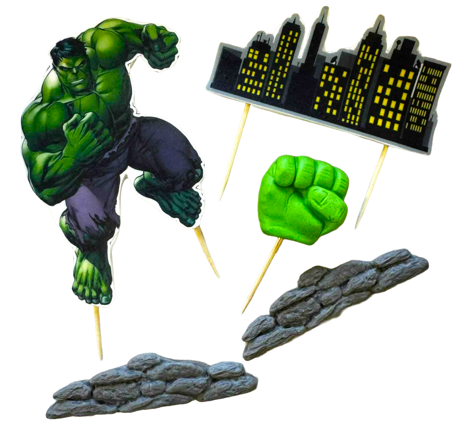 Set 5 Decoratiuni Comestibile Hulk - Din Pasta de Zahăr, Dimensiuni 2,5 cm Pana la 11 cm