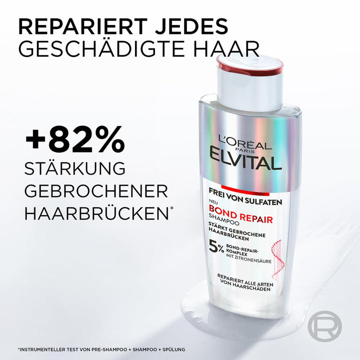 L'Oréal Paris Elvital Bond Repair Shampoo, Sanfte Reinigung Zur Haarreparatur, Gegen Haarschäden, Für Weniger Haarbruch Und Mehr Glanz, Sulfatfrei, Mit Bond-Repair-Komplex Und Zitronensäure, 200Ml