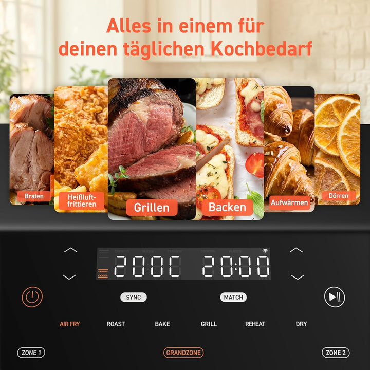 COSORI Heißluftfritteuse 2 Kammern Airfryer, 8-In-1 Dual Blaze Twinfry XXL 10L, Heissluftfritteuse Doppelkammer Mit Herausnehmbarem Trenner & Untere Heizelemente, 70 Rezepte, 2-6 Personen