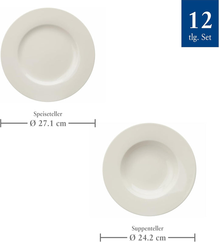 Vivo by Villeroy & Boch Basic White Tafelservice 12 Teilig Weiß, Teller Set, Weißes Geschirr, Geschirrset 6 Personen, Essservice, Speiseteller, Suppenteller, Spülmaschinenfest, Premium Porzellan