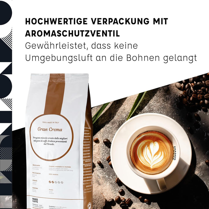 Mamis Caffè Gran Crema (1 Kg) - Ganze Espressobohnen - 100% Arabica-Bohnen - Fruchtiger, Schokoladiger, Leicht Süßer Geschmack - Mittlere Röstung Und Dicker Crema - Angebaut in Brasilien Und Kolumbien