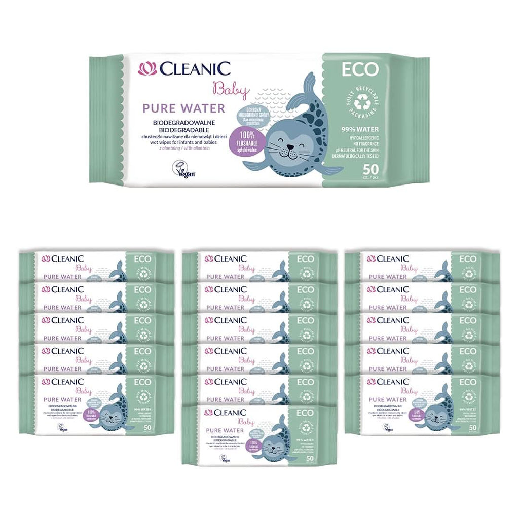 Baby Eco Pure Water Feuchttücher Für Kinder Und Säuglinge - 99% Ige Zusammensetzung Auf Wasserbasis - Allantoin - Parfümfrei - Spülbar - Für Empfindliche Haut - 50 Stück