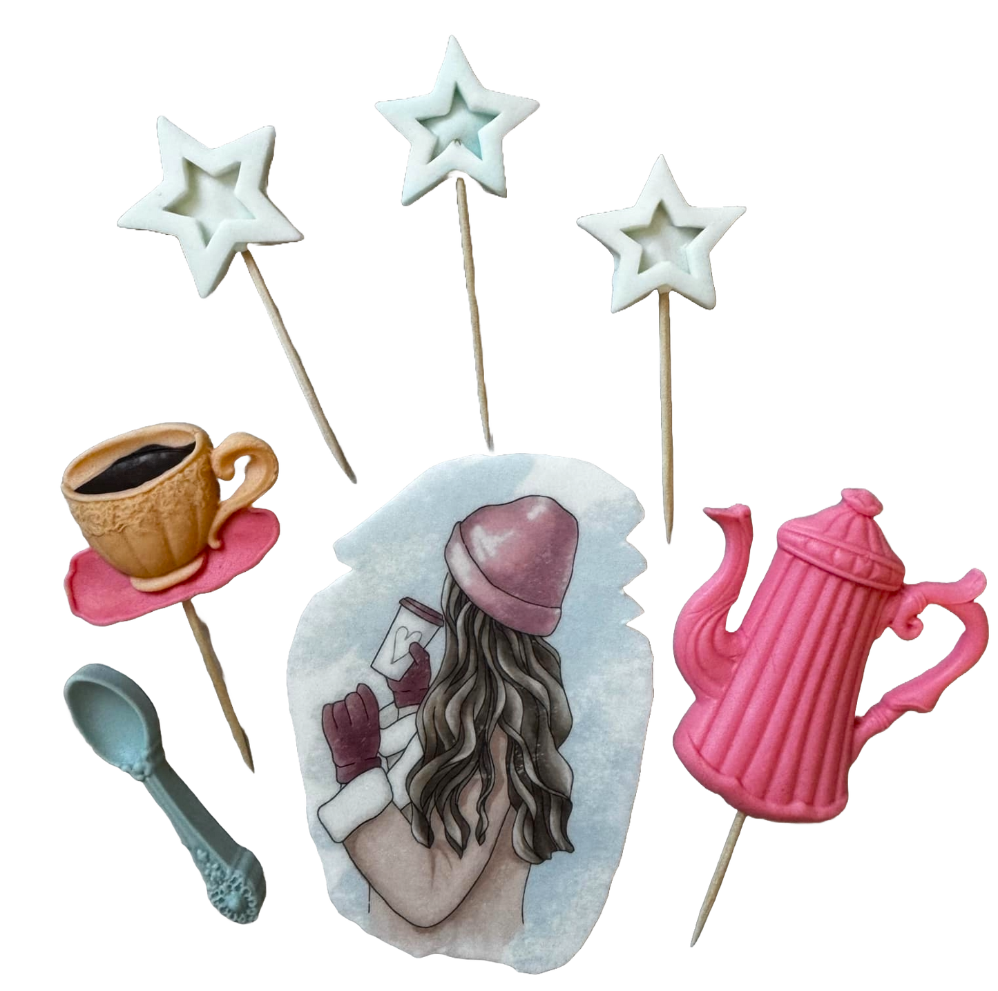 Set 7 decoratiuni comestibile din pasta de zahar, Beautiful Lady, caciula roz Decoratiuni din Pasta de Zahar Naty Shop