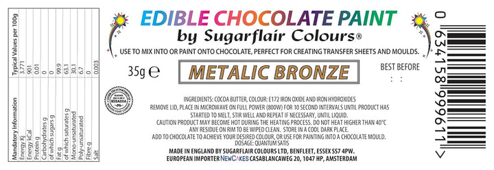 Sugarflair Metallic Bronze Chocolate Paint - Farbige Kakaobutter Zum Direkten Bemalen Von Schokolade, Transferblättern Oder Formen - 35G