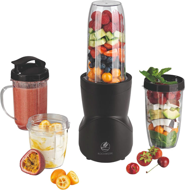 Smoothie Maker 12-Tlg | To-Go Deckel & 4 Mixbehälter | Für Obst, Gemüse & Nüsse | Mit Ice-Crush Funktion | Mini-Standmixer Zum Mixen, Rühren, Zerkleinern, Mahlen, Hacken & Pürieren | Bpa-Frei