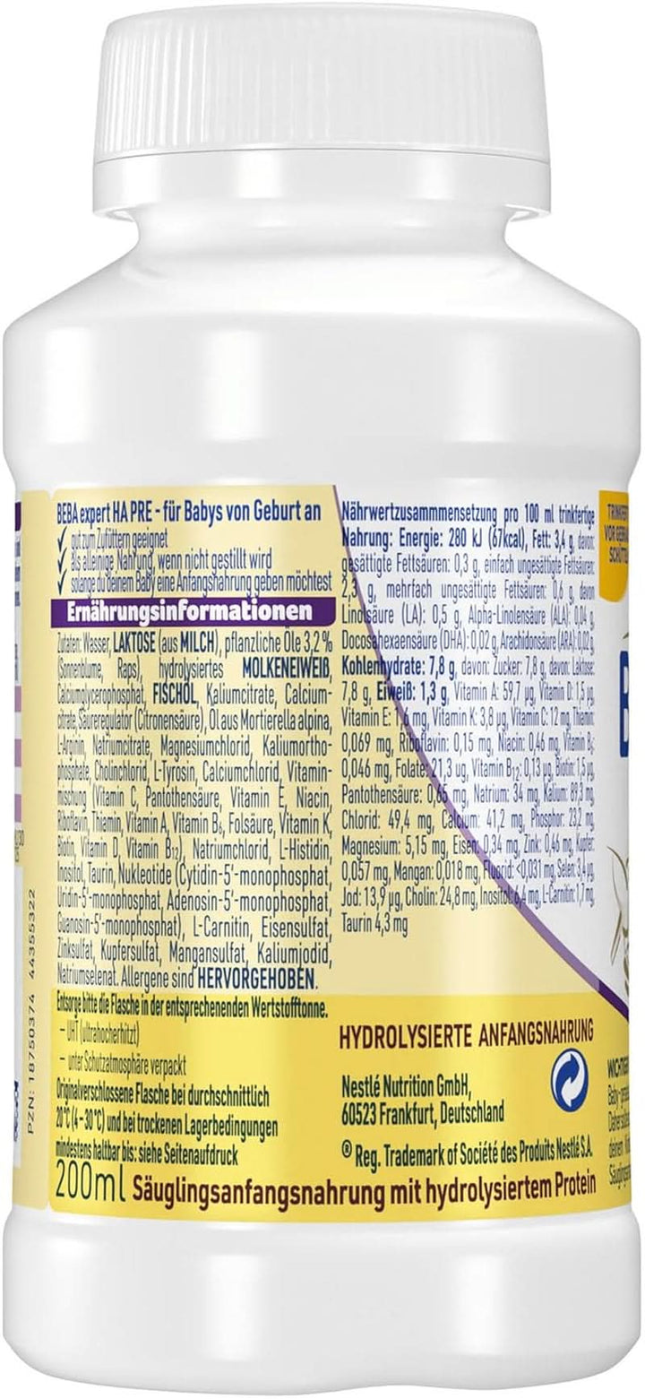 BEBA Nestlé BEBA EXPERT HA PRE Hydrolysierte Anfangsnahrung, Säuglingsnahrung Von Geburt An, 8Er Pack (8 X 200Ml)