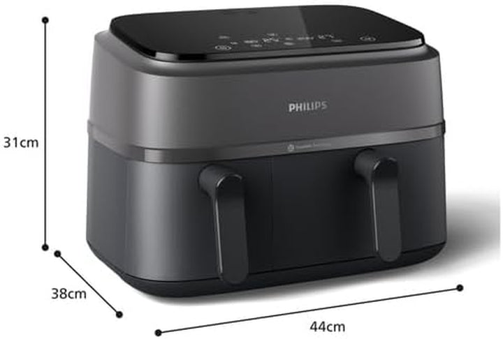 Philips Airfryer Dual Basket 3000 Series, 9L, 2 Körbe, 2 Gerichte Gleichzeitig Fertig, Rapidair plus Heißlufttechnologie, 90% Weniger Fett, Energieeffizient, Homeid Rezepte-App (NA350/00)