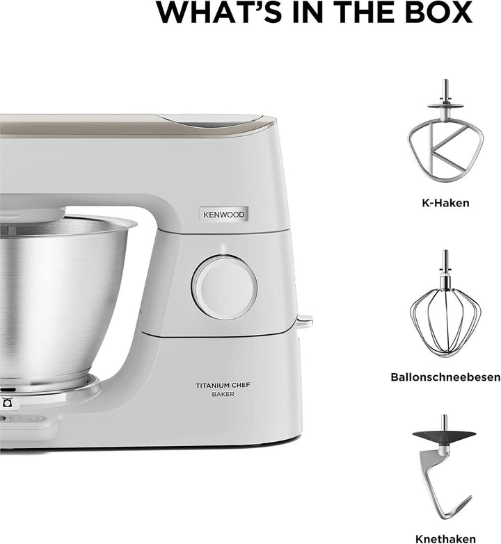 Kenwood Titanium Chef Baker KVC65.001WH, Küchenmaschine Mit Integrierter Waage, 1200 Watt, Inkl. 3-Teiligem Patisserie-Set, Spatel & Spritzschutz, Weiß