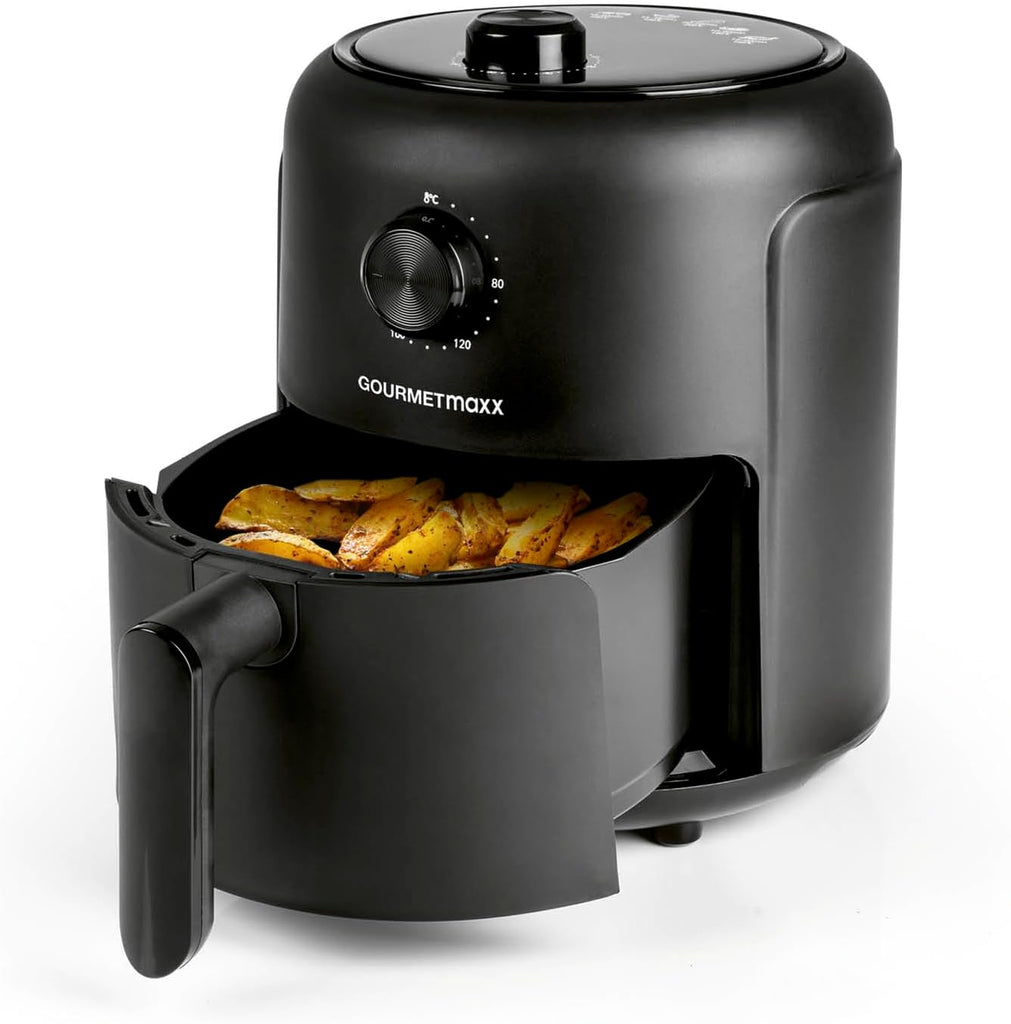 Gourmetmaxx Digitale Heißluftfritteuse XXL - 9L Ofen | Airfryer Mit Timerfunktion, Touchdisplay, Drehspieß, Schaschlikspießen | Fettarm, Energiesparend Frittieren | 8 Programme, 1800 W