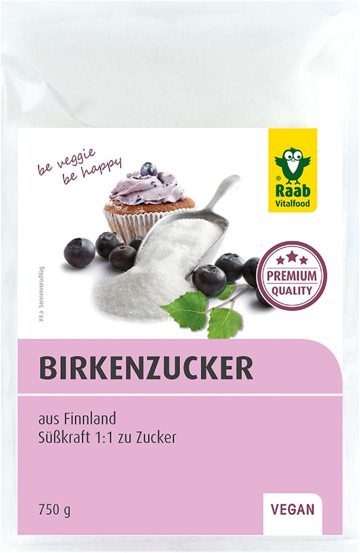 Raab Vitalfood Premium Birkenzucker, Xylit, Vegan, 1:1 Zucker-Alternative, Süßungsmittel, Zahnfreundlich, Vorratspack, 750 G