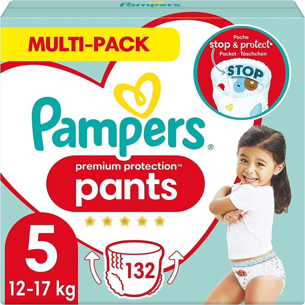 Pampers Baby Nappies Pantaloni mărimea 5 (12-17Kg) Premium Protection, Junior cu buzunar Stop and Protect, 144 scutece Panty