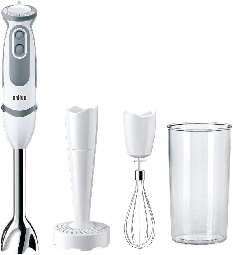 Braun Stabmixer MQ 5200WH - Multiquick 5 Vario Pürierstab Mit Edelstahl Mixfuß, 1000 Watt, Inkl. 600 Ml Mix- & Messbecher, Weiß/Grau