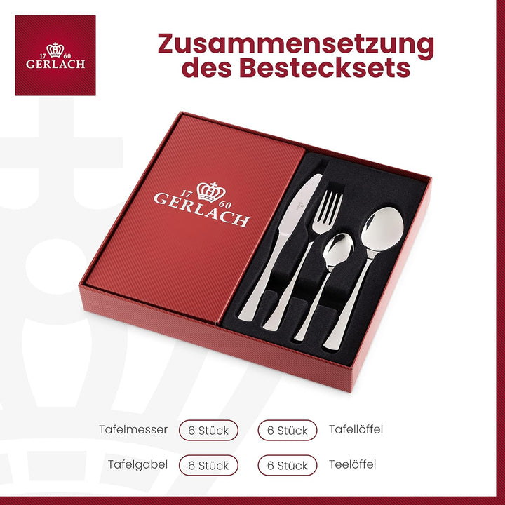 Gerlach 1760 Tunea Set Für 6 Personen Spülmaschinenfest Essbesteck Aus Edelstahl Elegantes Besteck Mit Messer Gabel Löffel Und Teelöffel Tafelbesteck Rostfrei 24 STK, 18/10 Steel, Silber Glänzend