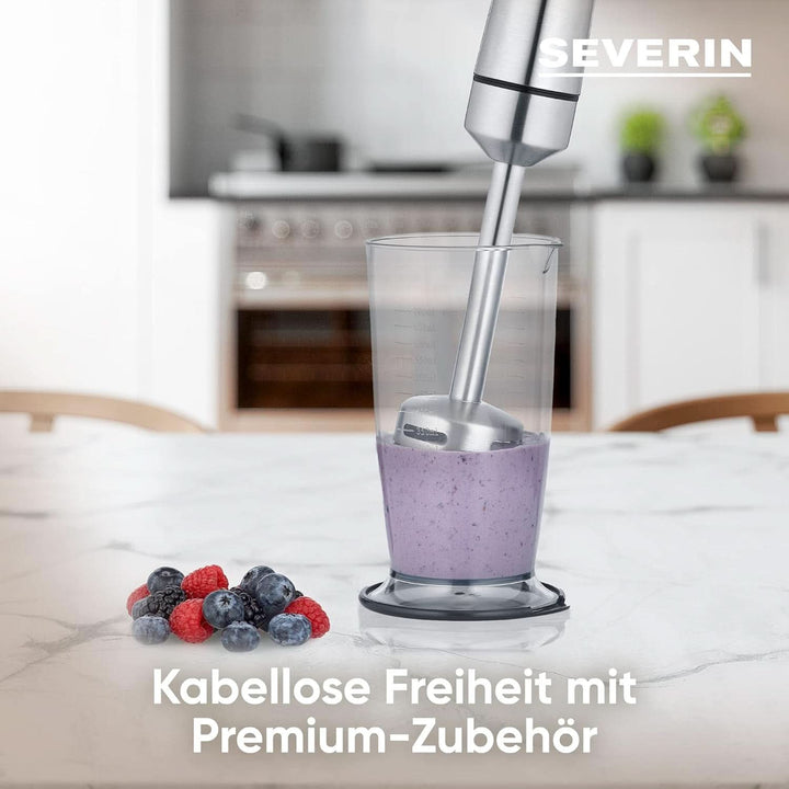 SEVERIN Kabelloser Stabmixer Mit Premium-Set, Abnehmbarer Mixstab, Mit Pürierstab, Multizerkleinerer, Mixbehälter, Kartoffelstampfer & Schneebesen, Schwarz/Edelstahl-Gebürstet, SM 3775