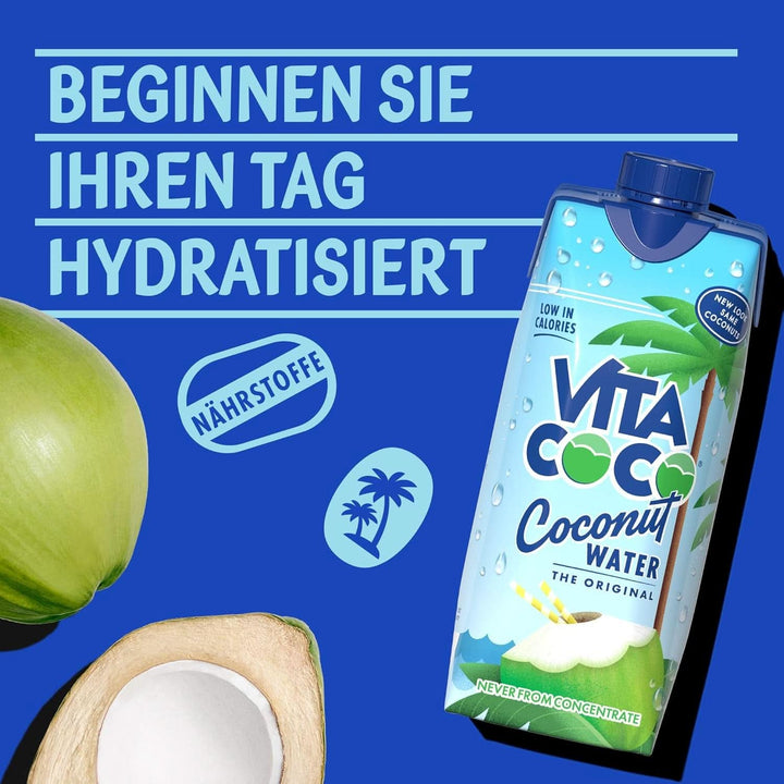 Vita Coco Pure Coconut Water 12 X 330 ml, hidratant natural cu electroliți, fără gluten, plin de vitamina C și potasiu