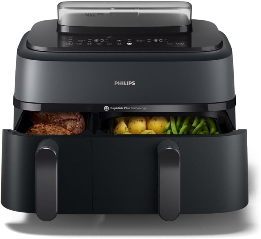 Philips Airfryer Dual Basket 3000 Series, 9L, 2 Körbe, 2 Gerichte Gleichzeitig Fertig, Rapidair plus Heißlufttechnologie, 90% Weniger Fett, Energieeffizient, Homeid Rezepte-App (NA350/00)