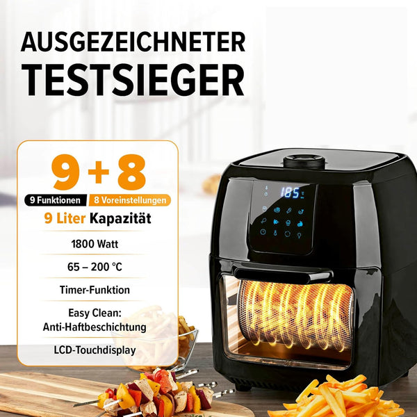 Gourmetmaxx Digitale Heißluftfritteuse XXL - 9L Ofen | Airfryer Mit Timerfunktion, Touchdisplay, Drehspieß, Schaschlikspießen | Fettarm, Energiesparend Frittieren | 8 Programme, 1800 W