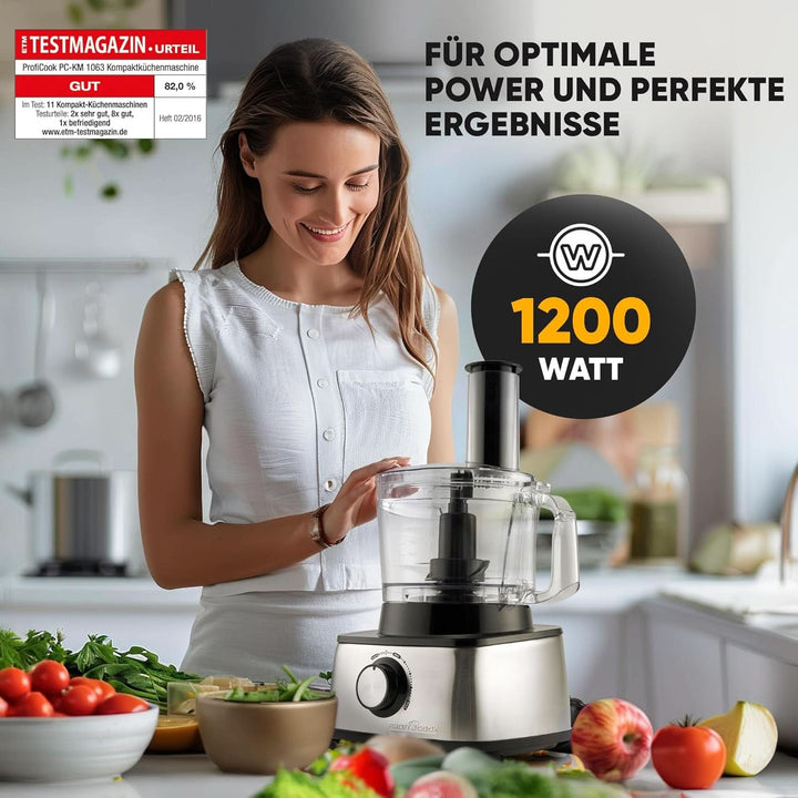 Proficook® 3In1 KüChenmaschine | Mixer, Küchenmaschine Und Entsafter | 1200W | Zum Schneiden, Raspeln Und Kneten | Nachfüllöffnung | Stufenlose Geschwindigkeit | Inkl. 11 Zubehörteilen | PC KM 1063