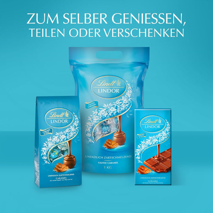 Lindt LINDOR Kugeln Salted Caramel | 500 G Cornet | 40 Milchschokoladen-Pralinen Mit Zartschmelzender Salz-Karamell-Füllung | Pralinen-Geschenkbox