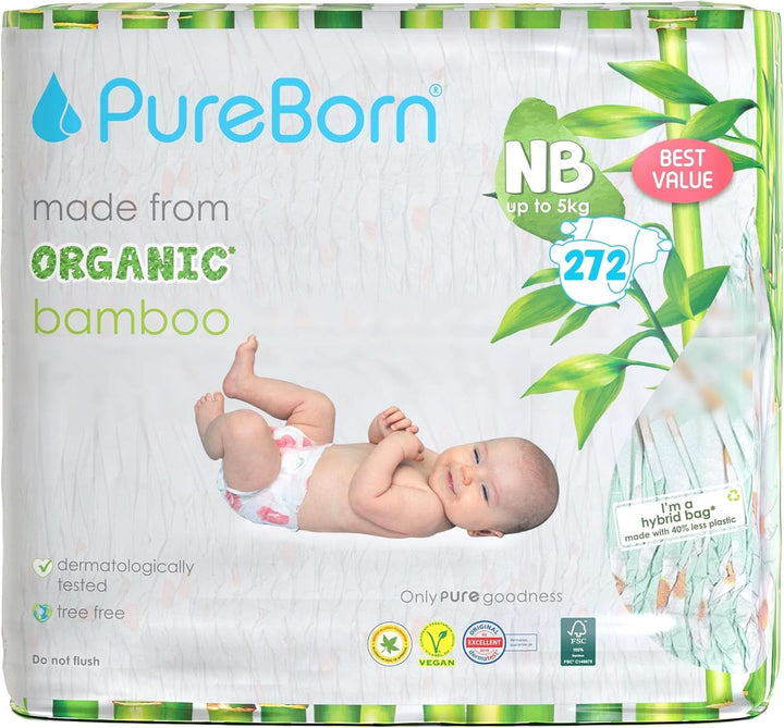 Pureborn Eco Bio-Bambus Windeln, Größe Für Neugeborene (Bis 5 Kg), 272 Stück (2 X 136), Umweltfreundlich, Hypoallergen, Ultraweich, Mit Nässeindikator, Diverser Aufdruck