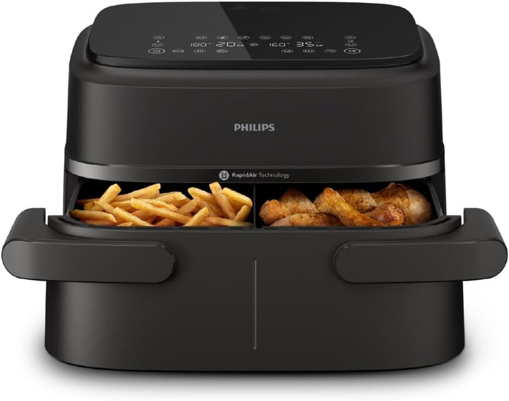 Philips Airfryer Dual Basket 3000 Series, 9L, 2 Körbe, 2 Gerichte Gleichzeitig Fertig, Rapidair plus Heißlufttechnologie, 90% Weniger Fett, Energieeffizient, Homeid Rezepte-App (NA350/00)