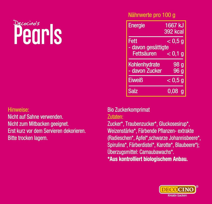 DECOCINO Organic Sprinkle Pearls - 60 grame - Sprinkles din dextroză organică