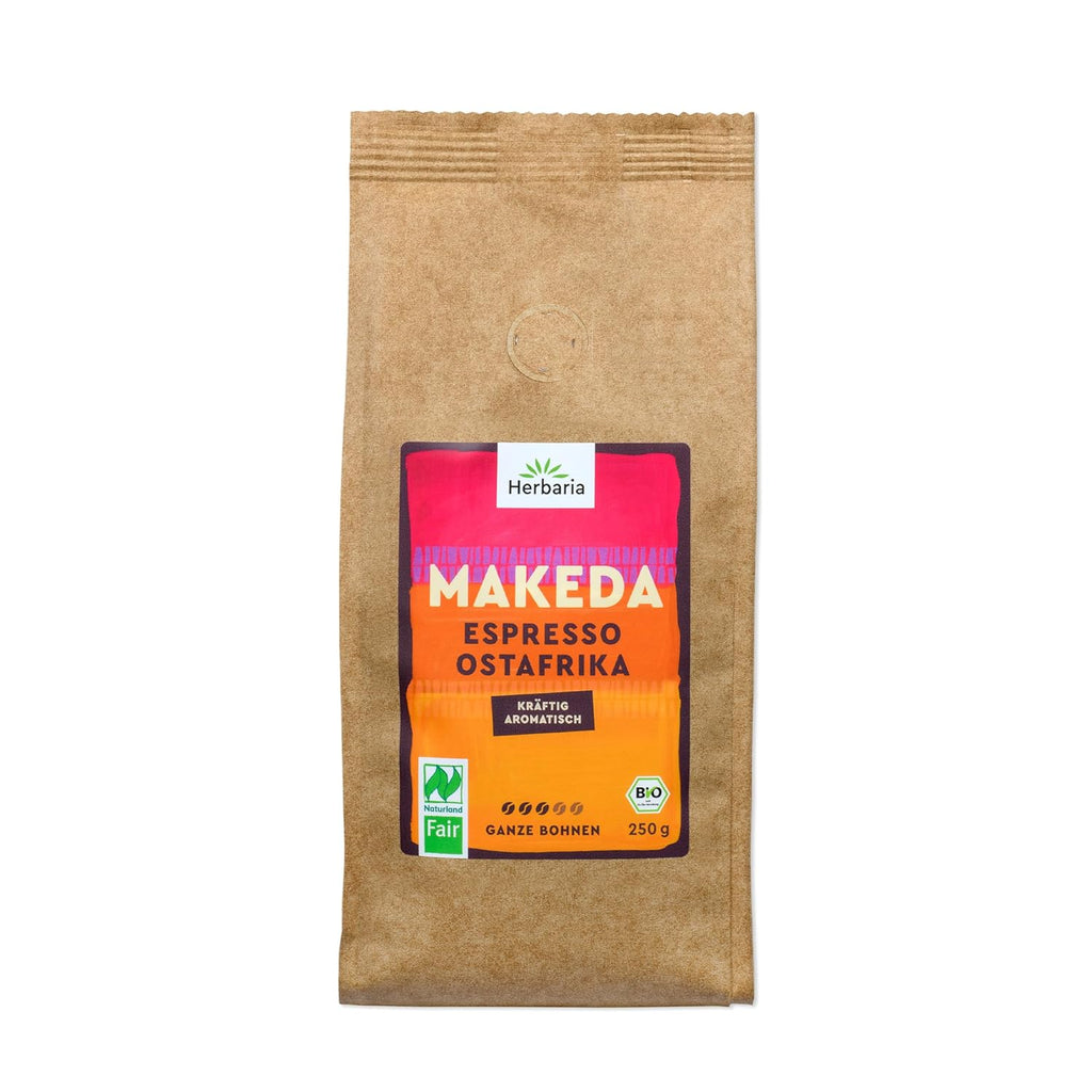 Herbaria MAKEDA Bio Espresso Ganze Bohnen 1Kg – Naturland Fair Zertifiziert Aus Ostafrika – Röstaromen Mit Kakao- & Eichenholz-Noten – Bio Kaffeebohnen Perfekt Für Siebträger Und Kaffeevollautomaten