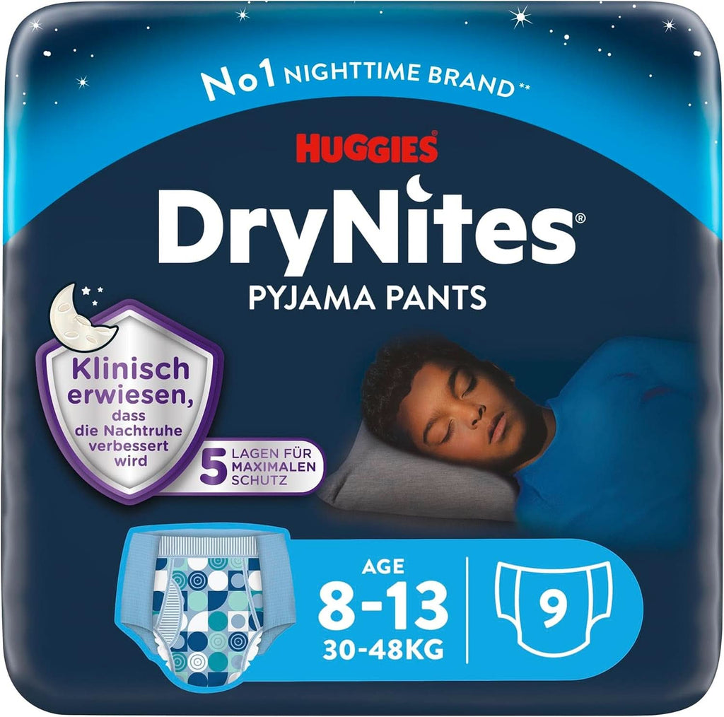 Huggies Drynites Scutece de noapte foarte absorbante, pentru băieți 8-13 ani (30-48 kg), 9 buc