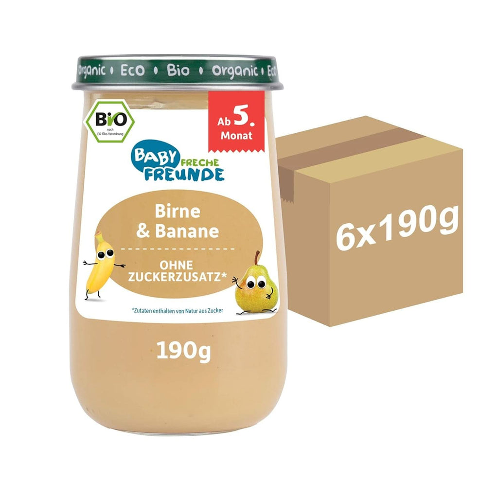 BABY FRECHE FREUNDE Bio Gläschen Abendbrei Banane, Apfel Mit Grieß Für Babys Ab 6 Monaten, Ohne Zuckerzusatz, 6 X 190G