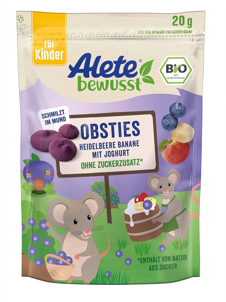 Alete Bewusst Obsties, Afine si Banana cu Iaurt, De la 3 ani, chipsuri de fructe organice liofilizate, 20 grame