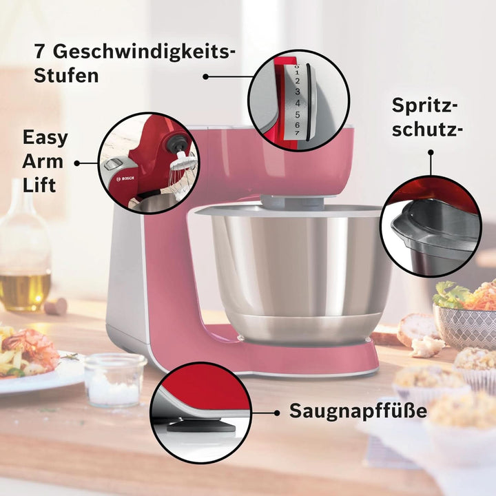 Bosch Küchenmaschine Serie 4 Mum58720,Edelstahl-Schüssel 3,9 L, Mixer 1,25 L, Planetenrührwerk,Knethaken,Schlag,Rührbesen, Durchlaufschnitzler, 3 Scheiben, 1000 W, Dunkelrot/Silber